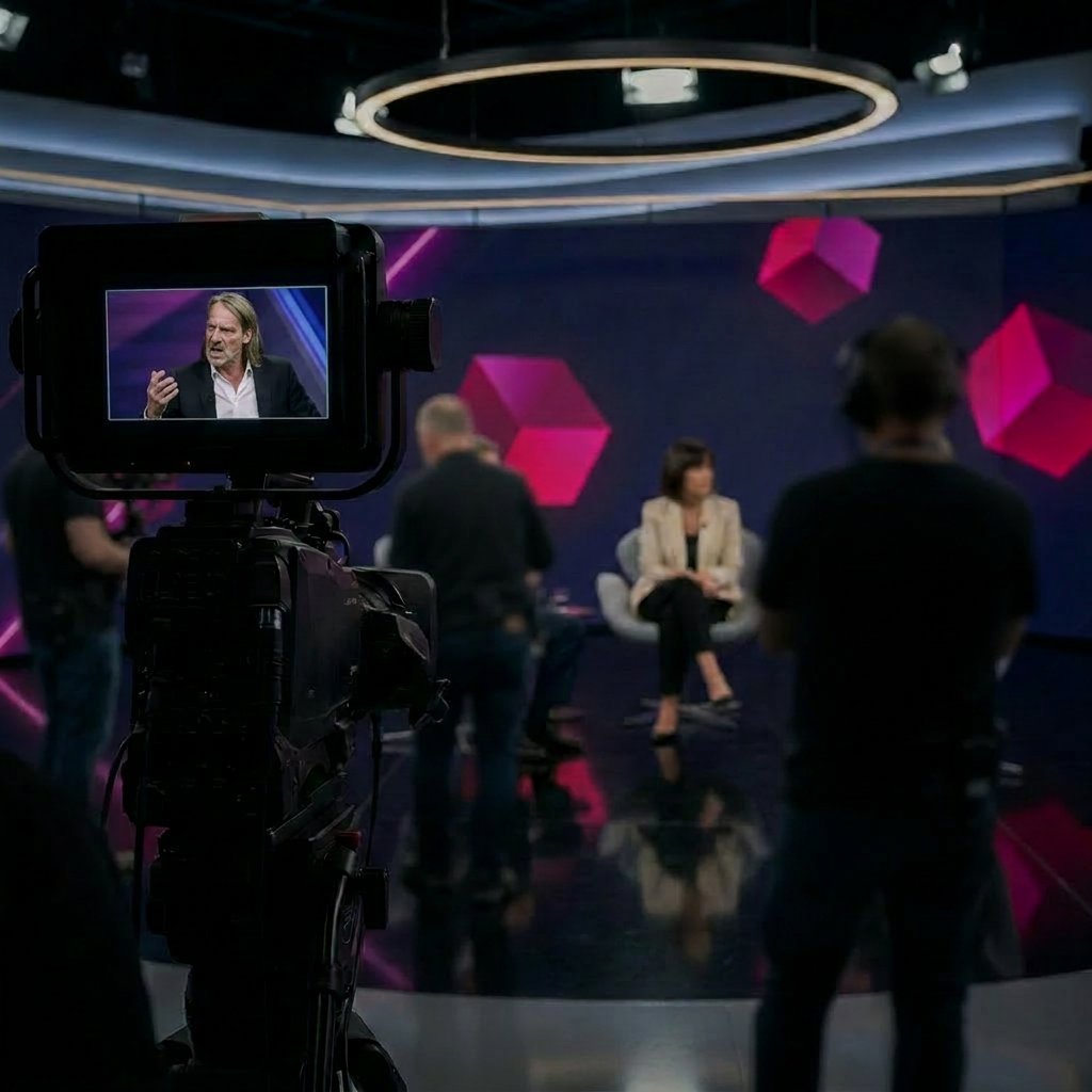 Talk-Set mit Kamera im Vordergrund und Moderation auf der Bühne